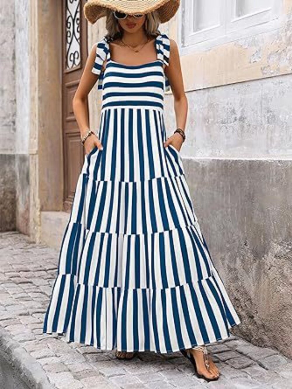 Women's Spaghetti Strap Sleeveless Printed Pocket Side Zipper Tiered Dress - Picture 5 of 5